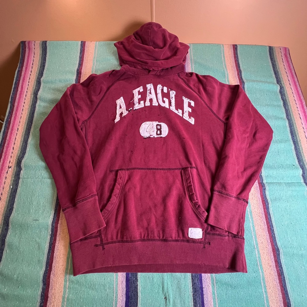 American Eagle Hoodie Mens Large Burgundy Distressed Graphic Pullover Sweatshirt